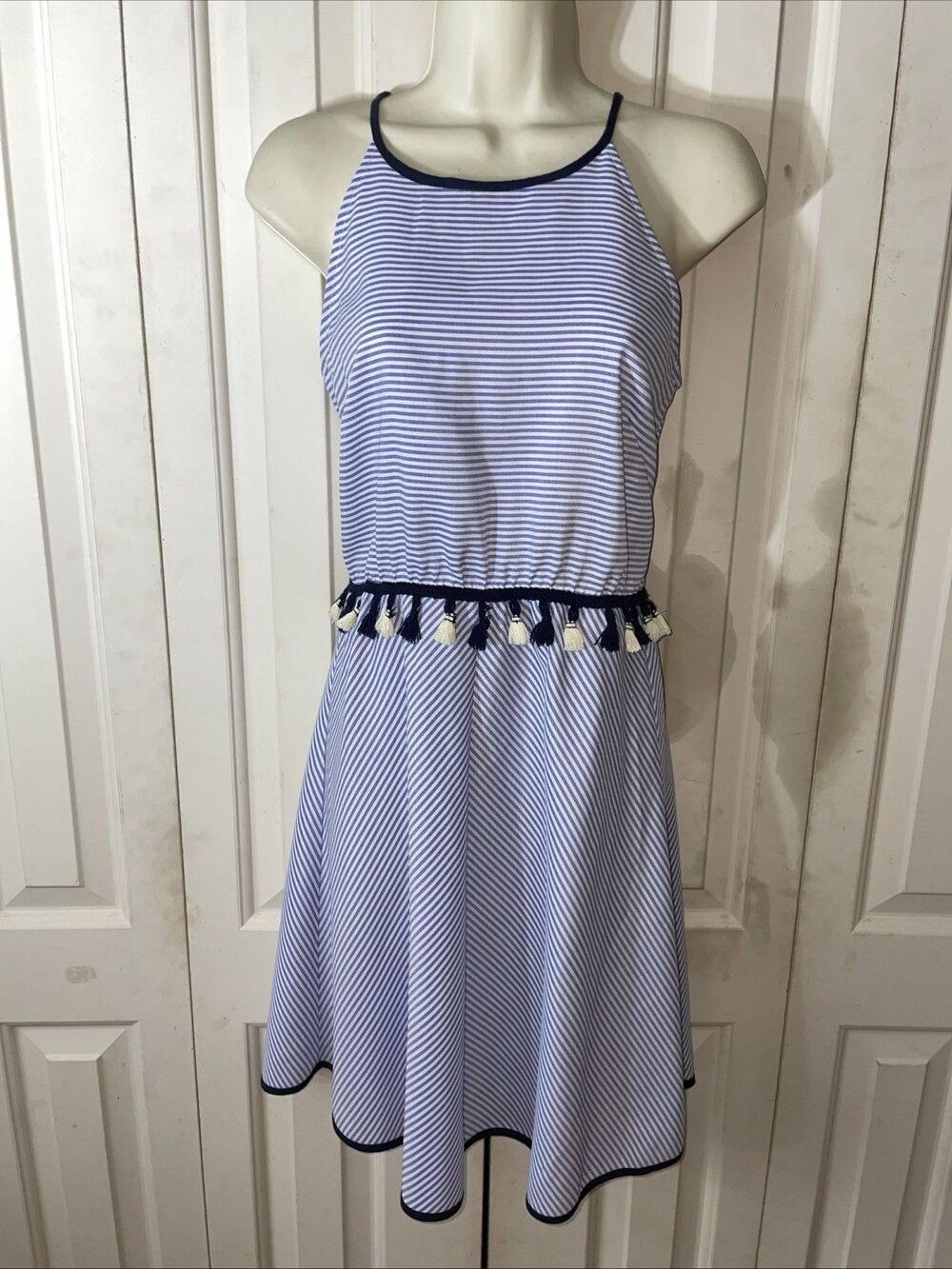 THML Blue White Striped Dress Small Sundress Tassel Waist NWT